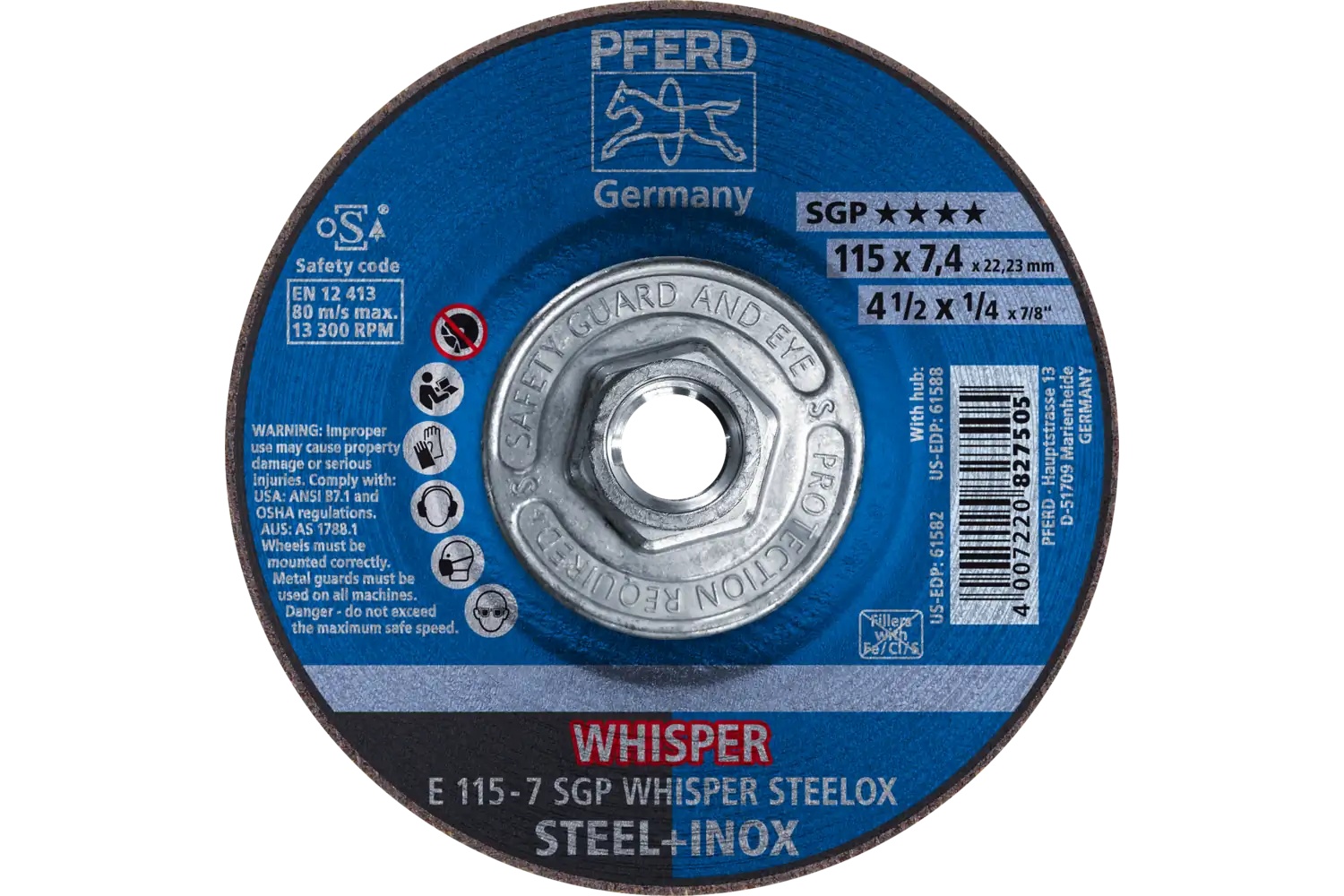Picture of Pferd Grinding Wheel, 4-1/2" X 1/4 X 5/8-11, Sgp Whisper Steelox, T27, Aluminum Oxide